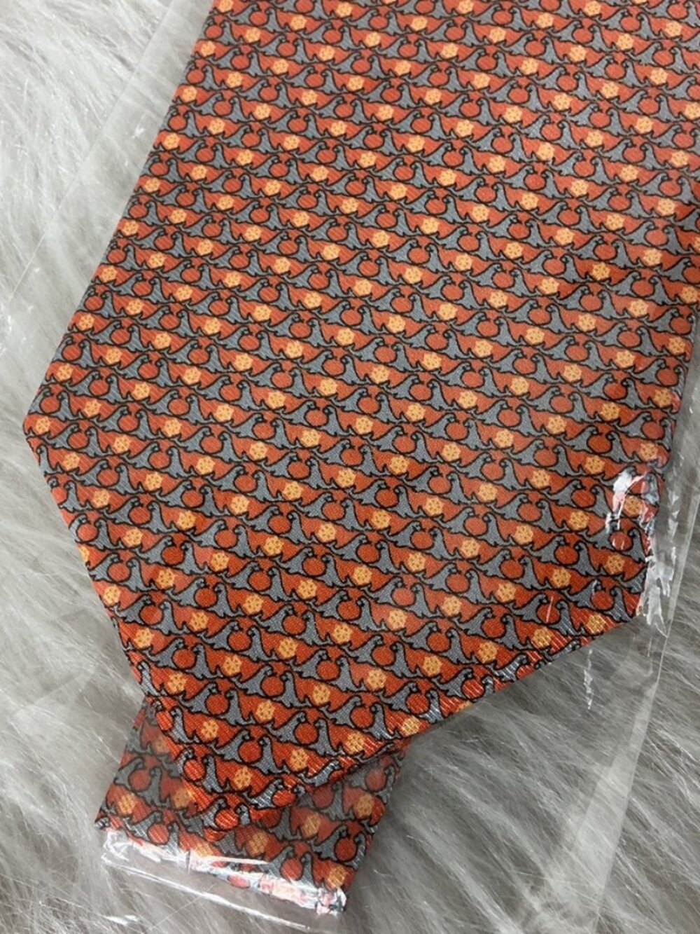 Salvatore Ferragamo Gray, Orange, Yellow, Seal Print Silk Tie NWOT